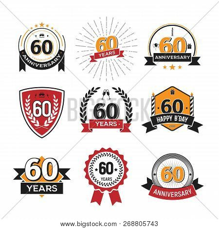 Collection Of Retro 60 Th Years Anniversary Logo. Set Of Isolated Vintage Icons Of Sixty Years Celeb