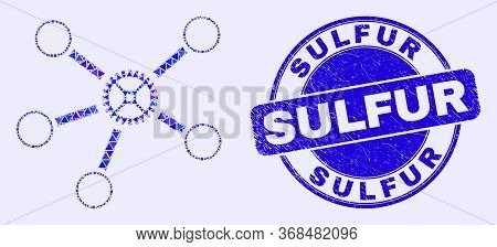 Geometric Gear Links Mosaic Icon And Sulfur Seal Stamp. Blue Vector Round Grunge Seal Stamp With Sul