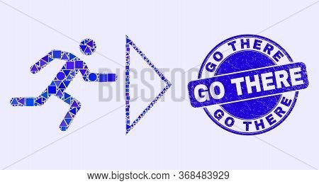 Geometric Exit Person Mosaic Icon And Go There Seal Stamp. Blue Vector Round Scratched Seal Stamp Wi