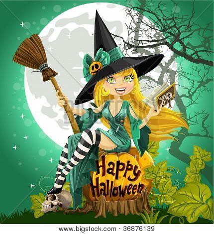 Witch with a book and broom sitting on a Halloween background