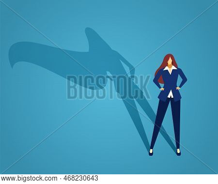 Businesswoman Standing With Superhero Shadow, Confident Female. Vector Of Superhero Businesswoman, W