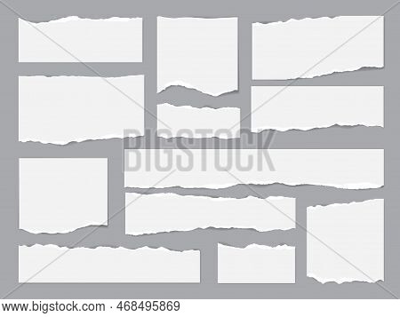 White Paper Rips, Torn Page Pieces And Scrap Shreds, Notebook Ripped Note Strips, Vector. White Torn