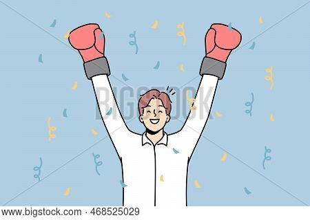 Overjoyed Businessman In Boxing Gloves Celebrate Business Success Or Win. Smiling Male Employee Or W