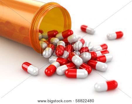 Medicine concept. Spilled pills from prescription bottle. 3d