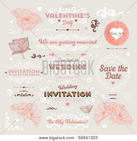 Valentine's Day and Wedding Set. Labels, Frames, Ornaments and Decorative Elements. Banner, Ribbon, badges and stickers - all for Love Design.