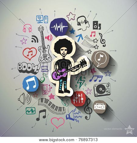 Music and entertainment collage with icons background