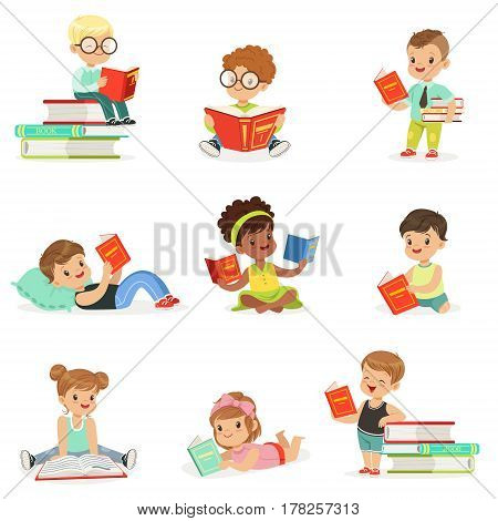 Kids Reading Books And Enjoying Literature Collection Of Cute Boys And Girls Loving To Read Sitting And Laying Surrounded With Piles Of Books..Clever Children Readers, Storybooks And Textbooks Cartoon Scenes.