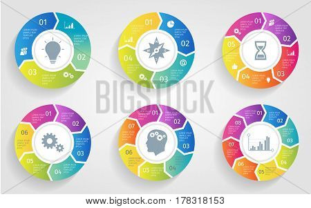 Vector circle arrows for infographic. Template for cycling diagram, graph, presentation and round chart. Business concept with 3 4 5 6 7 8 options, parts, steps or processes