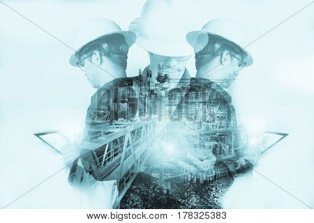 Double exposure of Engineer or Technician man with safety helmet operated platform or plant by using tablet with offshore oil and gas platform background for oil and gas business concept