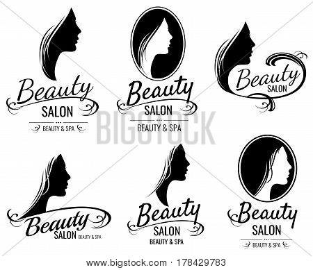 Beautiful female face portrait, woman head silhouette vector logo templates for barber shop, beauty salon, cosmetic products, spa center. Illustration of stylish emblem spa salon