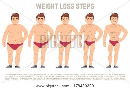 Male before and after diet, man body from fat to thin. weight loss steps vector illustration. Body male health and slim, adult man with fat body