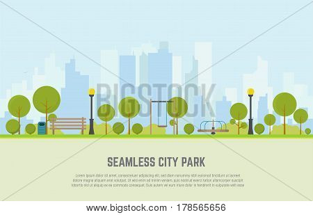 Seamless city park bench lawn and trees trash can swings and carousels. Flat style vector. On background business city center with skyscrapers. Green park vegetation in center of big town.