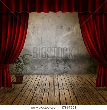 Small stage with red velvet theater curtains