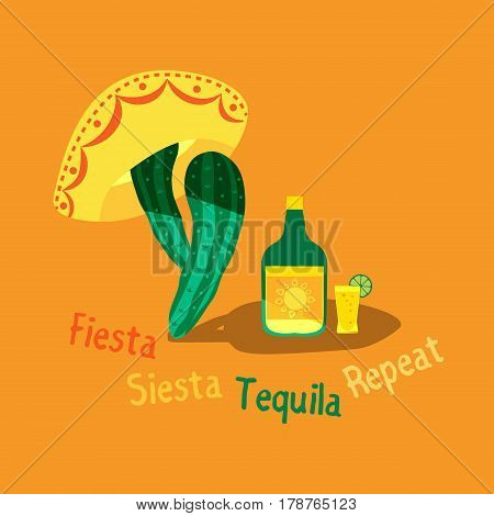 Mexican poster concept. Fancy cartoon style. Fiesta Siesta in Spanish festival rest. Bottle, shot glass of tequila, lime lemon. Cactus sombrero traditional symbol of Mexico. Vector element background