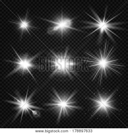 Vector white burst rays, glowing light, stars bursts with sparkles isolated on transparent background. Effect of sparkle magic glitter illustration