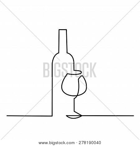 Wine Glass Outline Vector Icon. Continuous One Line Drawn A Bottle Of Wine And A Glass.