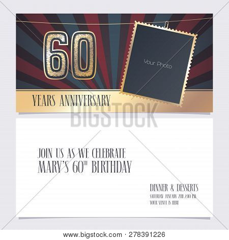 60 Years Anniversary Invitation Vector Illustration. Graphic Design Element With Photo Frame For 60t