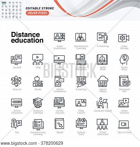 Thin Line Icons Set Of Distance Education. Premium Quality Outline Symbols, Editable Stroke. Pixel P