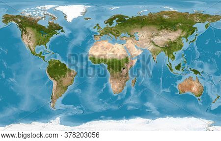 World Map With Texture On Global Satellite Photo, Earth View From Space. Detailed Flat Map Of Contin