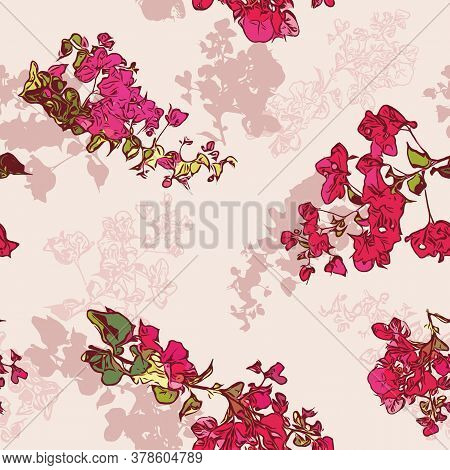 Pink Bougainvillea Layered Floral Seamless Vector Pattern Background With Gren Foliage For Fabric, W