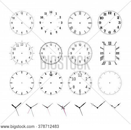 Set Of Round Clock Faces. Template For Wall Clock And Wrist Watch Dials With Arabic And Roman Numera