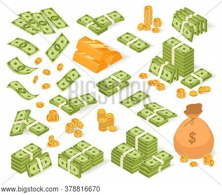 Isometric Money Vector Illustration Set. Cartoon Collection Of Paper Dollar Banknotes, Coin Bag, Gol