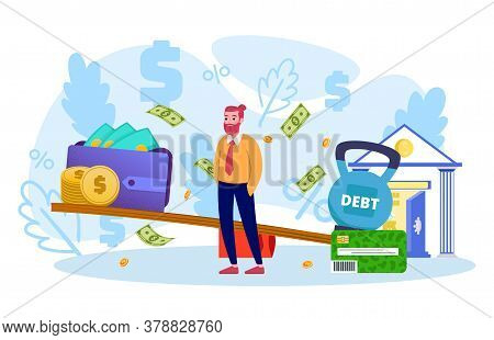 Bank Debt, Money Loans And Credit Payments In Crisis Economy Flat Vector Illustration. Sad Businessm