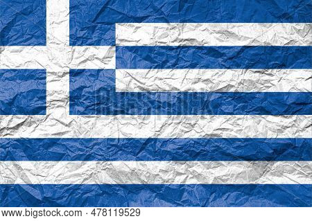 Flag Of Greece On Crumpled Paper. Textured Background.