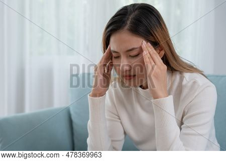 Headache, Female Having Migraine Pain, Bad Health, Asian Woman Feeling Stress And Headache, Office S