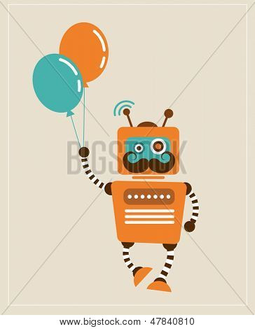 Hipster-Vintage-Roboter mit Ballon - retro-Stil-Vektor-Karte