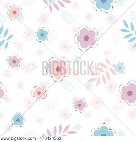 Cute Seamless Pattern With Pink, Lilac And Blue Flowers. Simple Flowers Background For Fabric, Wrapp