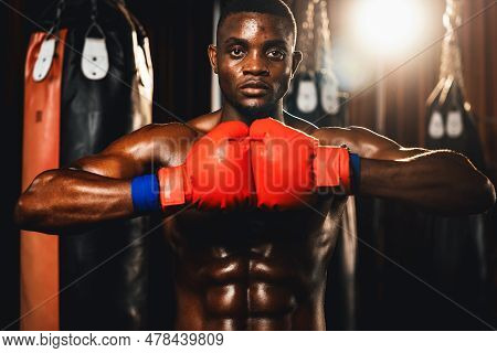 Boxing Fighter Posing, African American Black Boxer Put His Hand Or Fist Wearing Glove Together In F