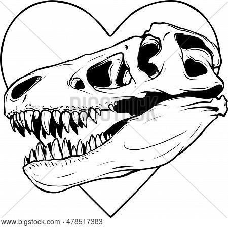 Tyrannosaurus Rex Dinosaur Head In Black And White Outline Vector Illustration