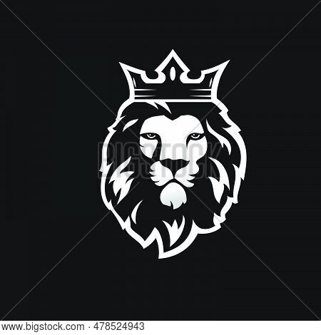 Brave Lion Head Wearing Crown Logo Template, Lion King Head Logo Vector