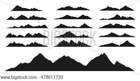 Mountain Range Black Silhouettes Of Rocky Landscape Shapes, Vector Hills And Rock Peak Icons. Mounta