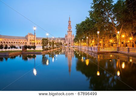 Spanish Square espana Plaza in Sevilla Spain at dusk