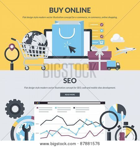 Set of flat design style concepts for online shopping and SEO