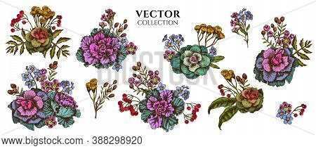 Flower Bouquet Of Colored Wax Flower, Forget Me Not Flower, Tansy, Ardisia, Brassica, Decorative Cab