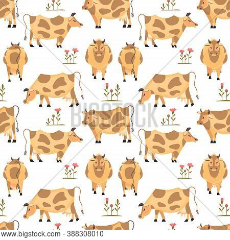 Hand Drawn Quirky Milk Cow Seamless Vector Pattern. Domestic Animals Cartoon Illustration. Brown Cow