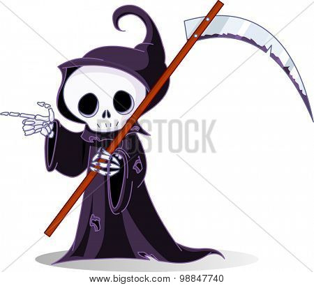 Cute cartoon grim reaper with scythe pointing