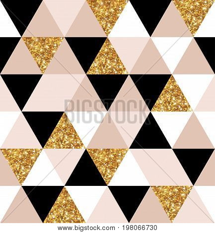 Abstract seamless geometric pattern. Vector illustration. Geometry gold, black and white triangles grid texture. Chic gold mosaic tiles