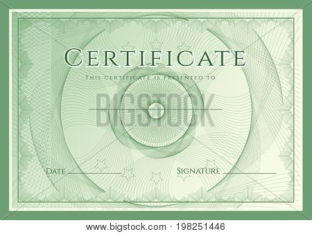 Certificate, Diploma of completion (design template, background) with green guilloche pattern (watermark)