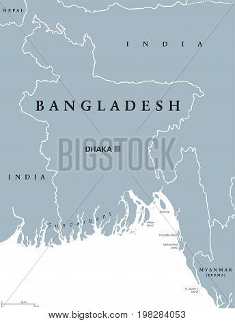 Bangladesh political map with capital Dhaka and borders. English labeling. Peoples Republic of Bangladesh. Country in South Asia on the Bay of Bengal. Gray illustration. Vector.