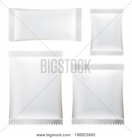 Sachet Vector Set. White Clean Blank Of Stick Sachet Packaging. Package Mock-up Plastic Pouch Snack Pack For Your Design. Disposable Packaging For Snacks, Food, Sugar. Isolated Illustration