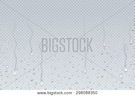 Water Drops Background. Shower Steam Condensation Drips On Transparent Glass, Rain Drops On Window. 