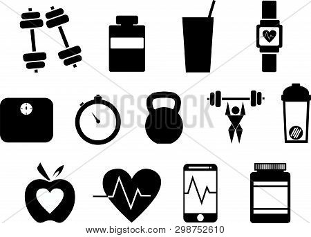 Fitness Vector Icons That Promote Health  And An Active Lifestyle - Thirteen In Total With Subjects 