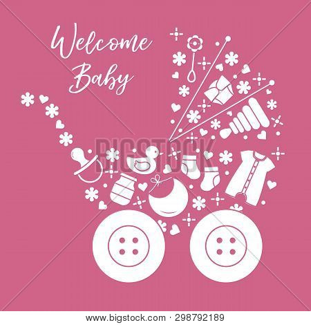 Vector Illustration With Baby Stroller, Goods For Babies. Newborn Baby Background. Baby Nipple, Sock