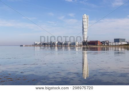 Malmo, Sweden - April 20, 2019:  The Modern Residential Skyscraper Turning Torso  Designed By Spanis