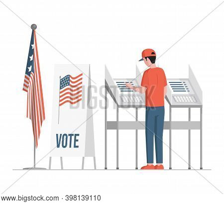 Man Standing Near Voting Stands, Fill Casting Ballots, Voting, And Choosing Candidates Vector Flat I