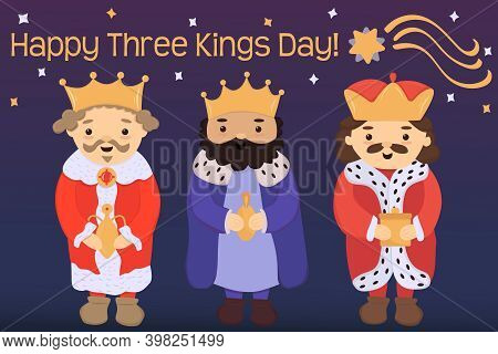 Cute Three Kings Or Wise Men With Gifts Hand Drawn Vector Illustration. Falling Star. Text Lettering